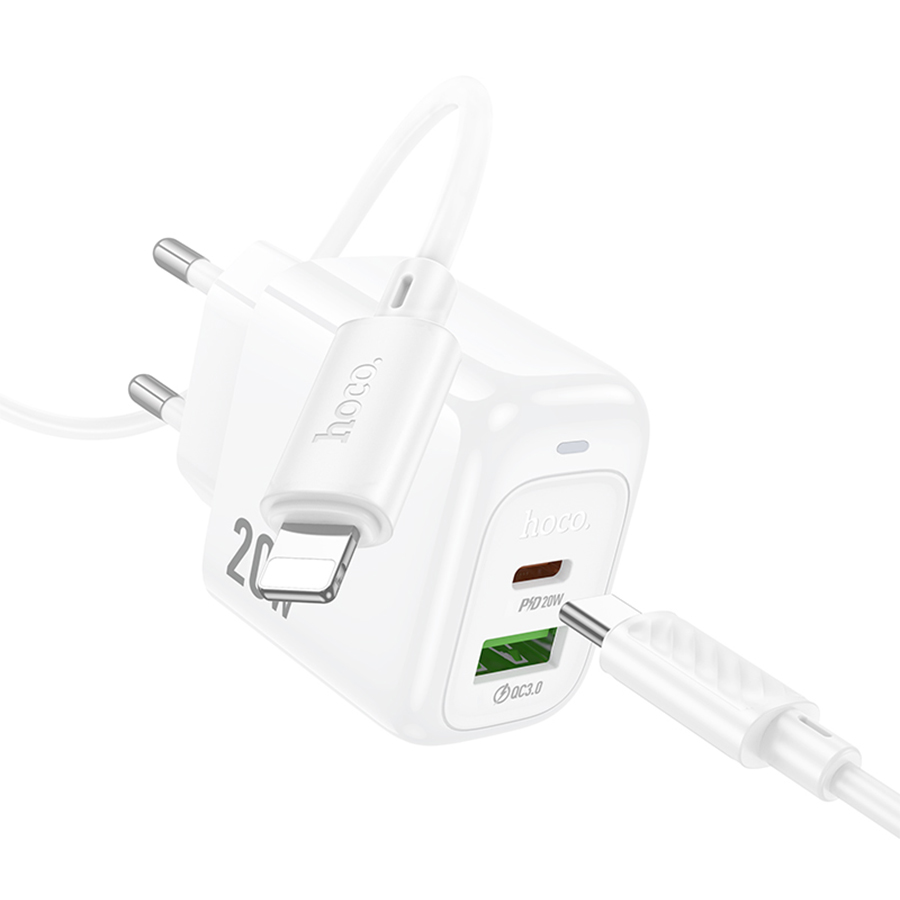 Сетевое зарядное устройство HOCO CS54A Surplus 1xUSB + 1xUSB-C с Кабелем Type-C - Lightning, 20W, белый фото