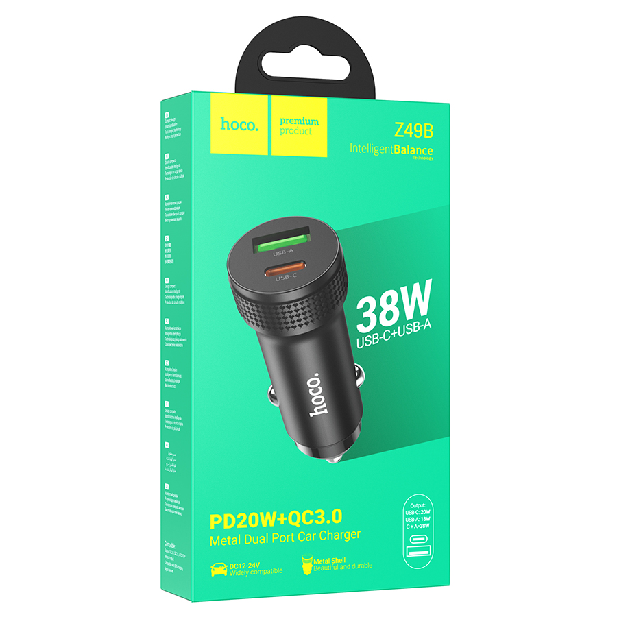 Автомобильное зарядное устройство HOCO Z49B Level, 1xUSB + 1xUSB-C, 38W, черный фото