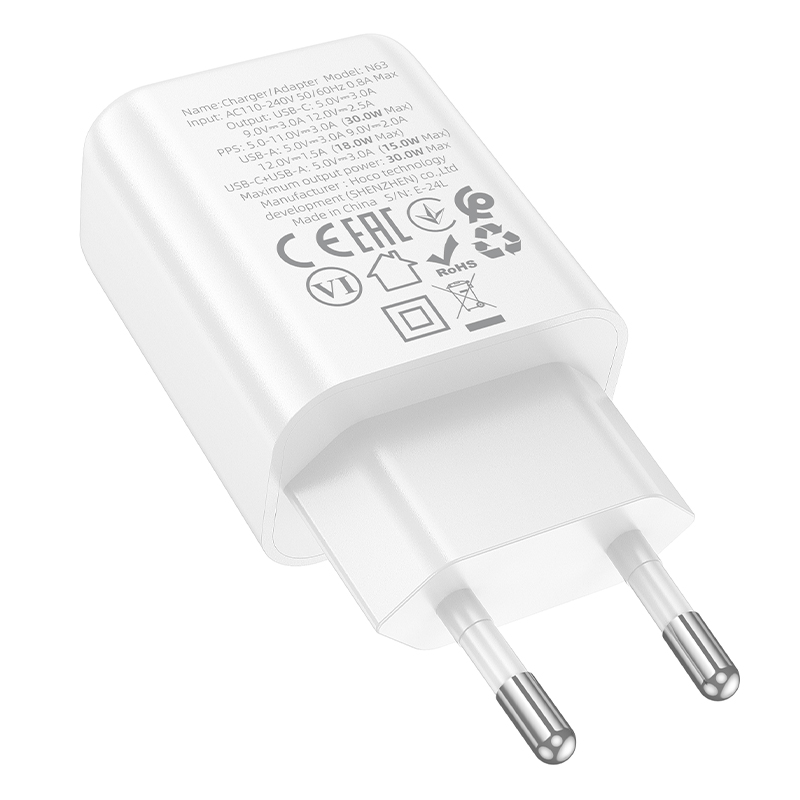 Сетевое зарядное устройство HOCO N63 Gentle 1xUSB + 1xUSB-C, 3A, 30W, белый фото