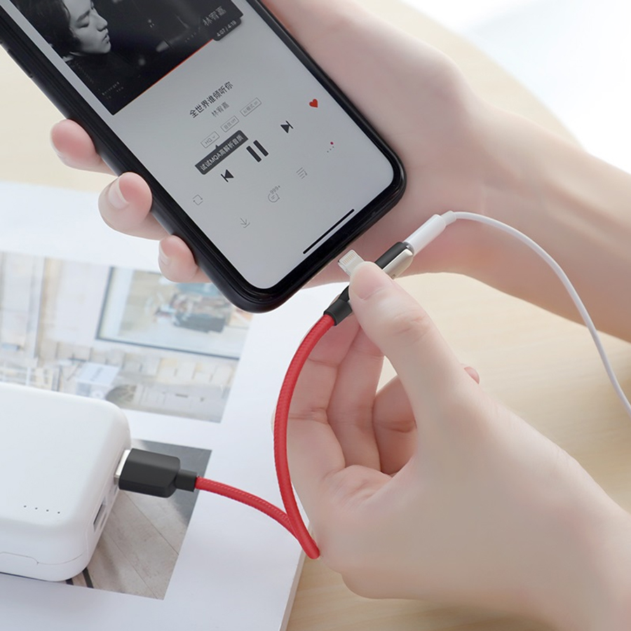 Переходник/Адаптер HOCO LS28 2 в 1 USB (m) - Lightning (m) / Lightning (f), серебристый фото