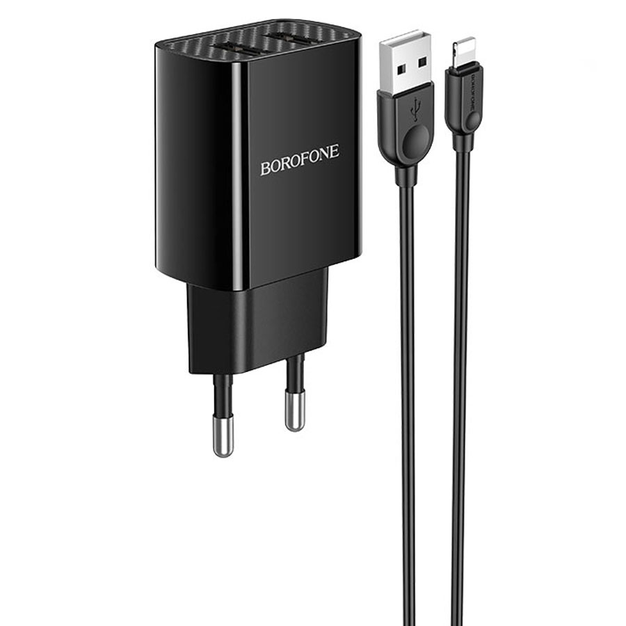 Сетевое зарядное устройство BOROFONE BA53A Powerway 2xUSB с Кабелем USB - Lightning, 2.1A, 10W, черный фото