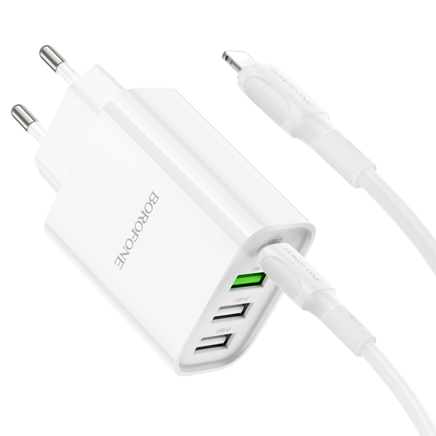 Сетевое зарядное устройство BOROFONE BA79A Clever 3xUSB + 1xUSB-C с Кабелем Type-C - Lightning, 20W, белый фото