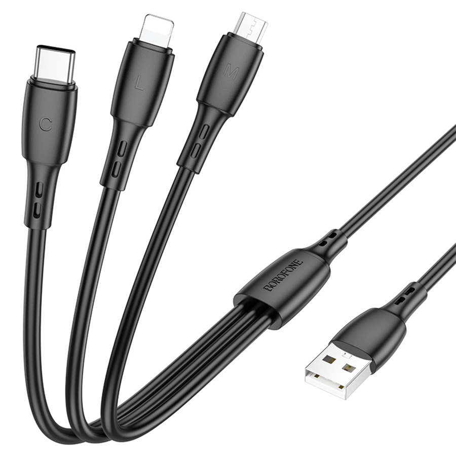 Кабель USB BOROFONE BX71 3 в 1 USB - Type-C + Lightning + MicroUSB, 2А, 1 м, черный фото