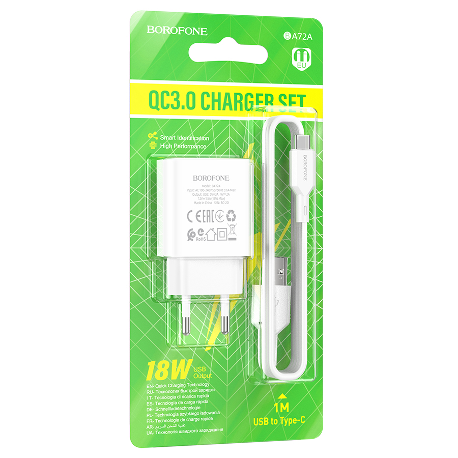 Сетевое зарядное устройство BOROFONE BA72A Spring 1xUSB с Кабелем USB - Type-C, 18W, белый фото