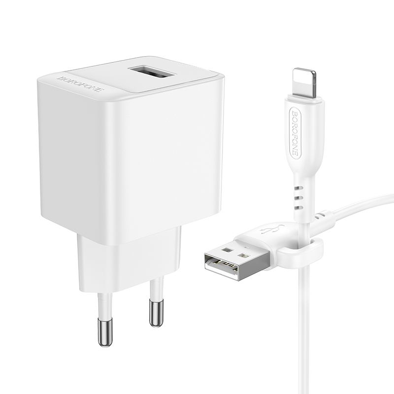 Сетевое зарядное устройство BOROFONE BAS11A Erudite 1xUSB с Кабелем USB - Lightning, 2.1A, белый фото