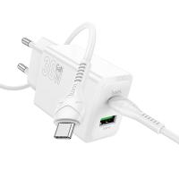 Сетевое зарядное устройство HOCO N71 Nuevo 1xUSB + 1xUSB-C с Кабелем Type-C - Type-C, 3A, 30W, белый фото