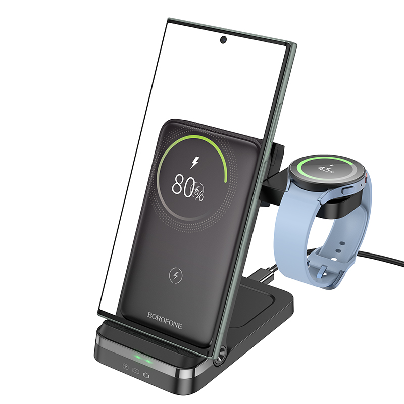 Настольная зарядная станция BOROFONE BQ33 Clever для iPhone+Airpods+Apple Watch с Кабелем USB - Type-C, 5W/7.5W/10W/15W, черный фото