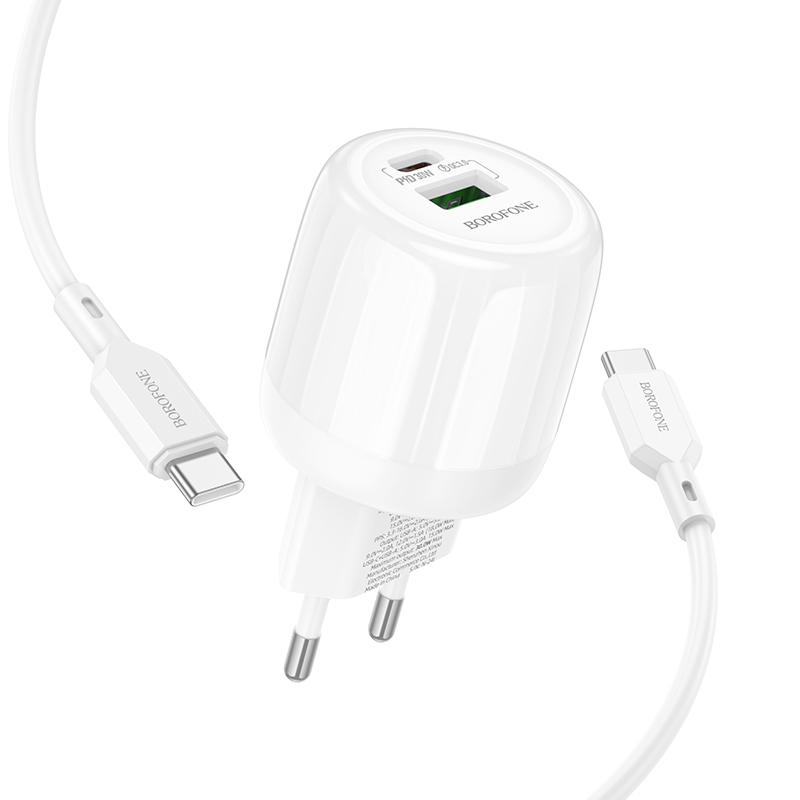 Сетевое зарядное устройство BOROFONE BA94A Lustrous 1xUSB + 1xUSB-C с Кабелем Type-C - Type-C, 3A, 30W, белый фото