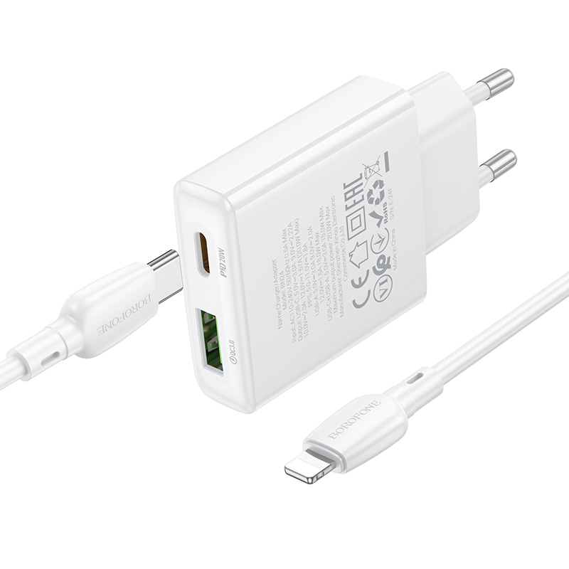 Сетевое зарядное устройство BOROFONE BN24 Wish 1xUSB + 1xUSB-C с Кабелем Type-C - Lightning, 3A, 20W, белый фото
