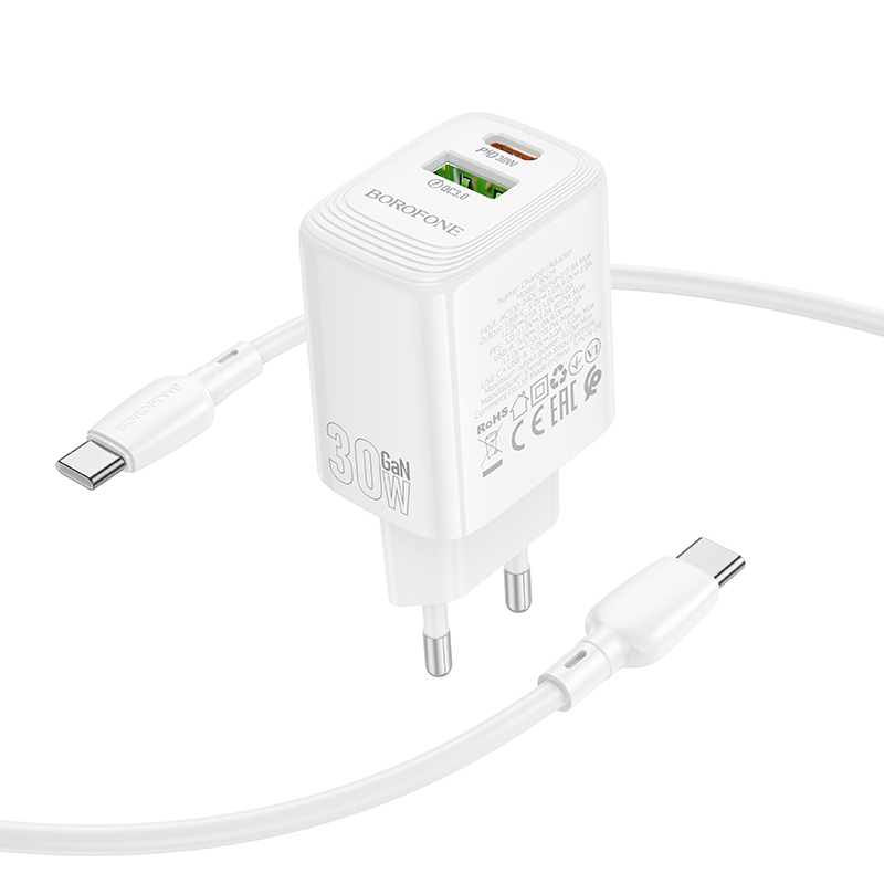 Сетевое зарядное устройство BOROFONE BN29 Fuente 1xUSB + 1xUSB-C с Кабелем Type-C - Type-C, 3A, 30W, белый фото