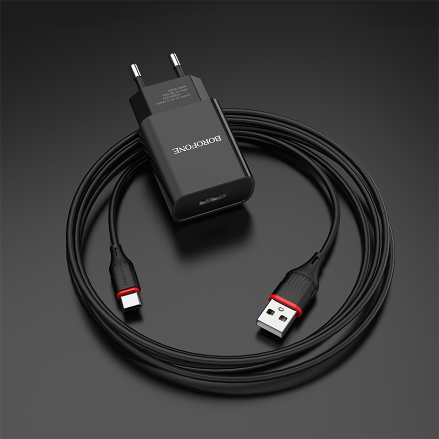 Сетевое зарядное устройство BOROFONE BA20A Sharp 1xUSB с Кабелем USB - Type-C, 2.1A, 10W, черный фото