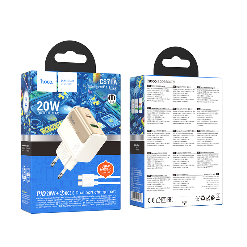 Сетевое зарядное устройство HOCO CS71A Star 1xUSB + 1xUSB-C с Кабелем Type-C - Type-C, 3A, 20W, белый фото
