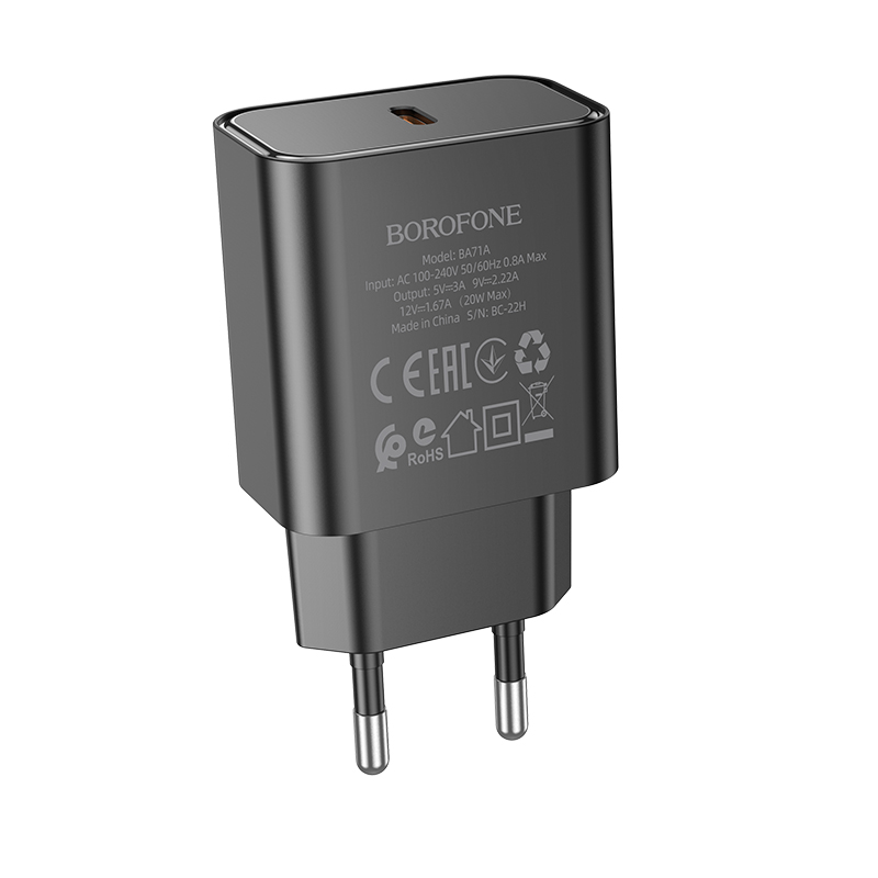 Сетевое зарядное устройство BOROFONE BA71A Power 1xUSB-C, 20W, черный фото