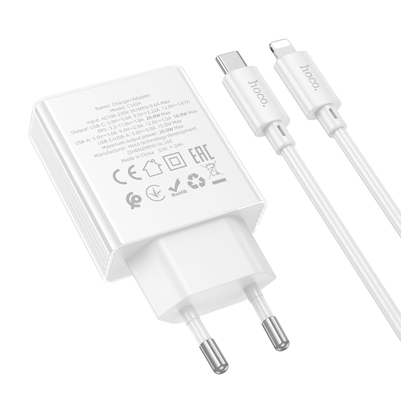 Сетевое зарядное устройство HOCO C142A Direct 1xUSB + 1xUSB-C с Кабелем Type-C - Lightning, 3A, 20W, белый фото