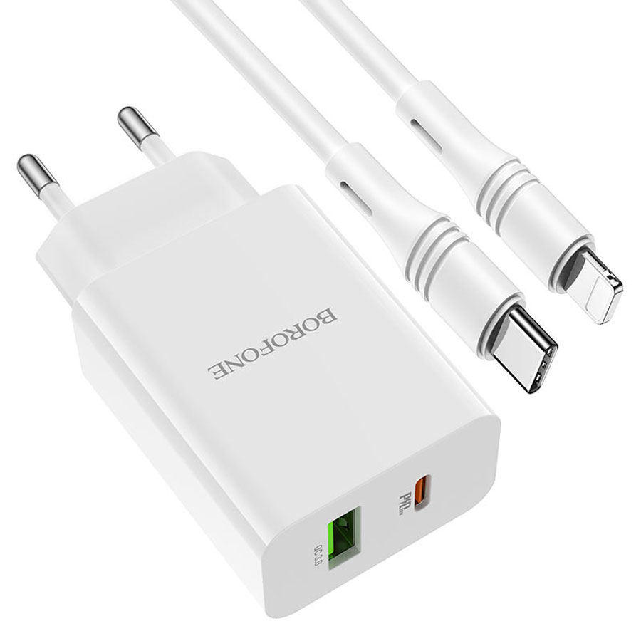 Сетевое зарядное устройство BOROFONE BA56A Lavida 1xUSB + 1xUSB-C с Кабелем Type-C - Lightning, 3.0A, 18W, белый фото