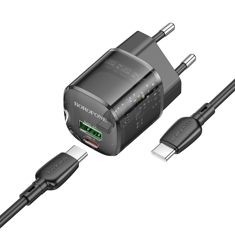 Сетевое зарядное устройство BOROFONE BN17 Sunlight 1xUSB + 1xUSB-C с Кабелем Type-C - Type-C, 3A, 20W, прозрачный черный фото