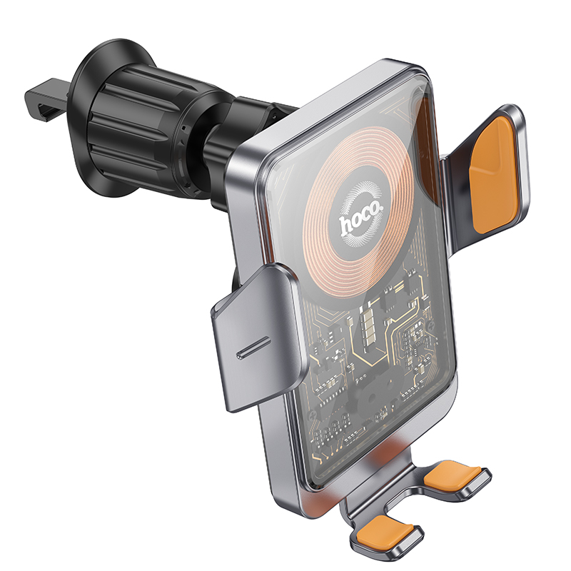 Автомобильный держатель HOCO HW7 Transparent, зажимной с беспроводной зарядкой, 15W, на воздуховод, серый металлик фото