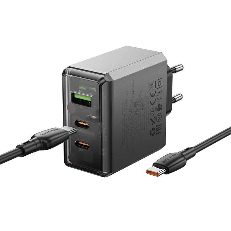Сетевое зарядное устройство BOROFONE BN22 Lena 1xUSB + 2xUSB-C с Кабелем Type-C - Type-C, 3A, 65W, серый металлик фото