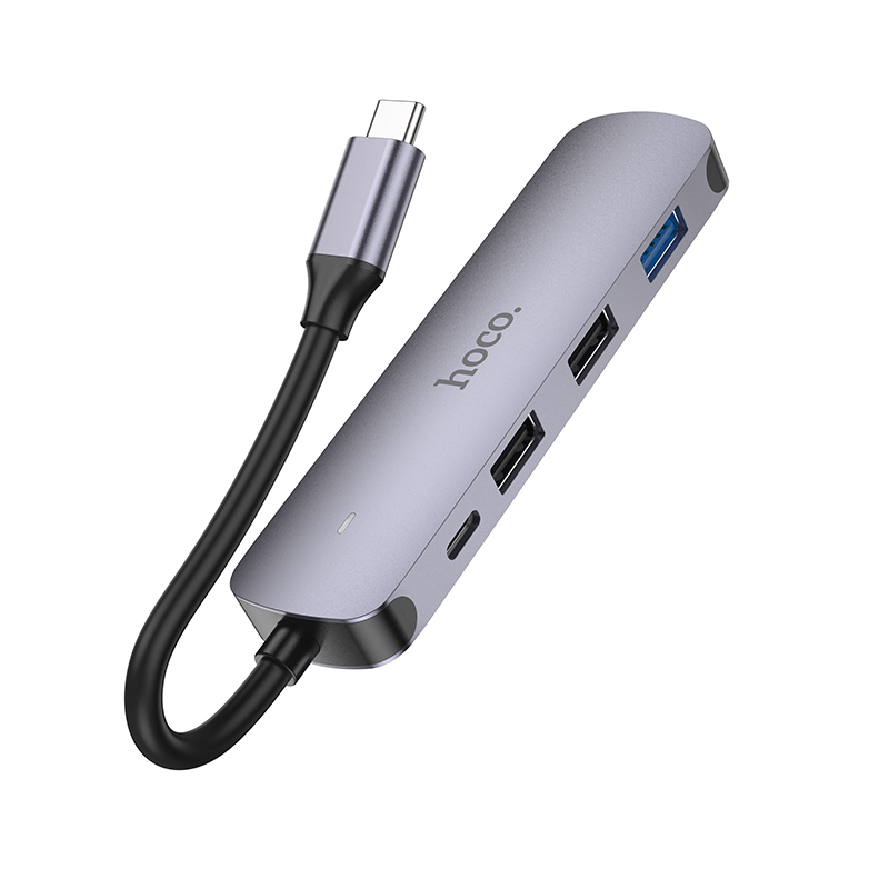 USB HUB разветвитель HOCO HB27 5 в 1 Type-C (m) - USB3.0 + 2xUSB2.0 + Type-C PD + HDMI, 14 см, серый металлик фото