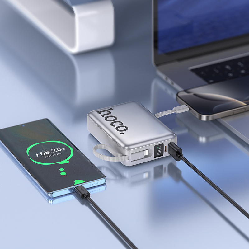 Портативный аккумулятор HOCO Q39 Eminente, встроенный кабель Lightning + Type-C, 22.5W, 20000 мА⋅ч, серый металлик фото