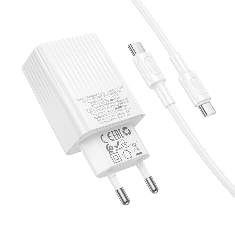 Сетевое зарядное устройство BOROFONE BAS74A Source 1xUSB + 1xUSB-C с Кабелем Type-C - Type-C, 3A, 20W, белый фото