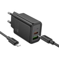 Сетевое зарядное устройство HOCO N61 Gentle 1xUSB + 1xUSB-C с Кабелем Type-C - Lightning, 3A, 20W, черный фото