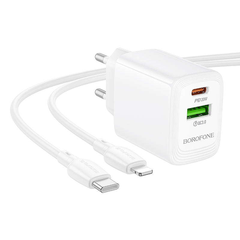 Сетевое зарядное устройство BOROFONE BN27 Fuente 1xUSB + 1xUSB-C с Кабелем Type-C - Lightning, 3A, 20W, белый фото