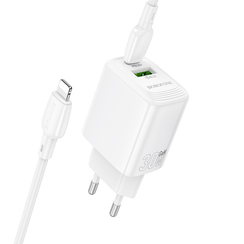 Сетевое зарядное устройство BOROFONE BN29 Fuente 1xUSB + 1xUSB-C с Кабелем Type-C - Lightning, 3A, 30W, белый фото