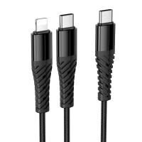 Кабель USB-C HOCO X123 Victory 2 в 1 Type-C - Type-C + Lightning, 5V/3A, 1 м, черный фото