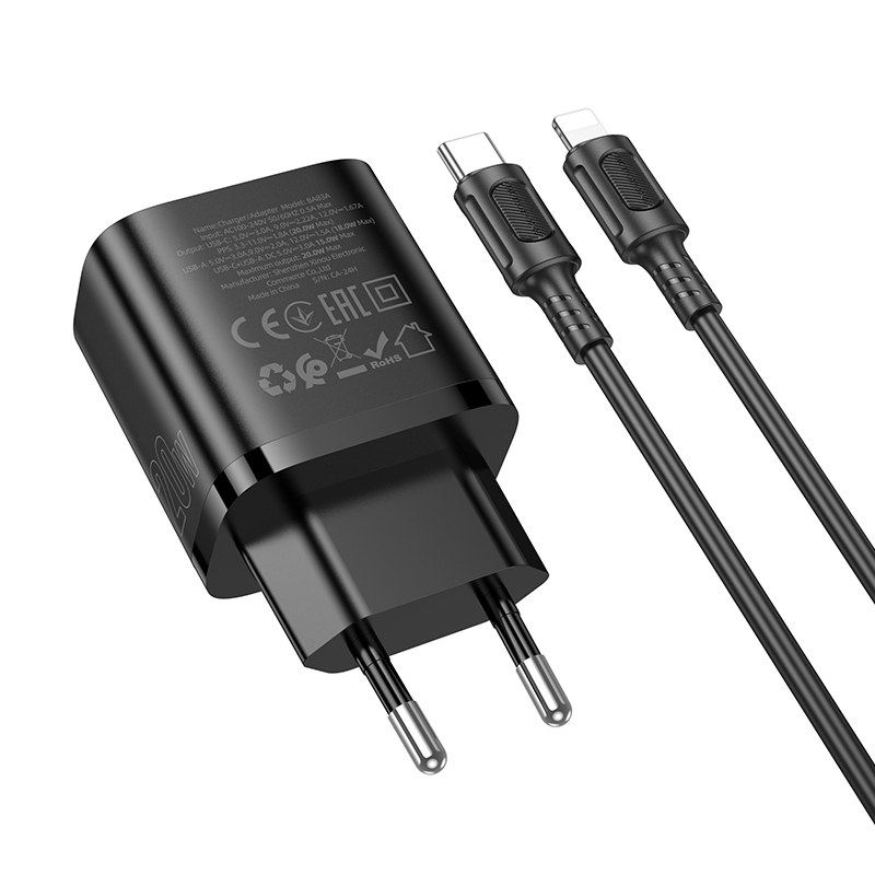 Сетевое зарядное устройство BOROFONE BA83A Flare star 1xUSB + 1xUSB-C с Кабелем Type-C - Lightning, 3A, 20W, черный фото