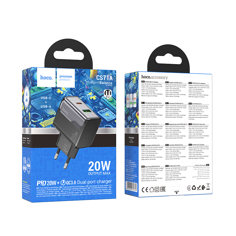 Сетевое зарядное устройство HOCO CS71A Star 1xUSB + 1xUSB-C, 3A, 20W, черный фото