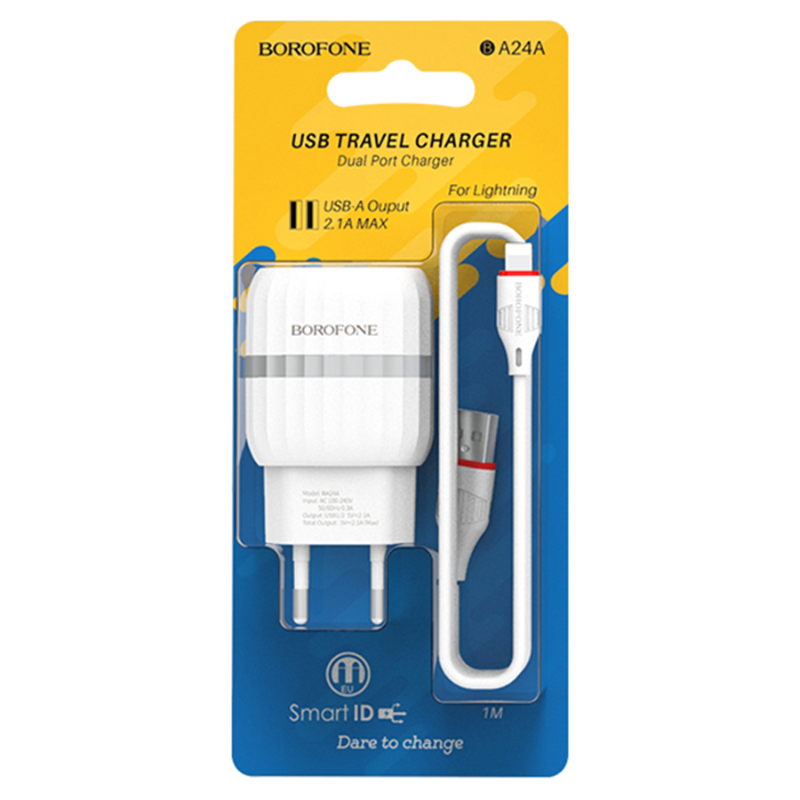 Сетевое зарядное устройство BOROFONE BA24A Vigour 2xUSB с Кабелем USB - Lightning, 2.4A, белый фото