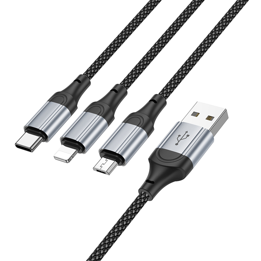 Кабель USB HOCO X102 Fresh 3 в 1 USB - Type-C + Lightning + MicroUSB, 2.4А, 1 м, черный оптом недорого с доставкой Кабель USB HOCO X102 Fresh 3 в 1 USB - Type-C + Lightning + MicroUSB, 2.4А, 1 м, черный фото