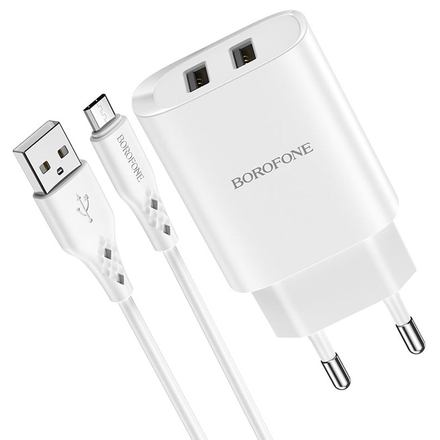 Сетевое зарядное устройство BOROFONE BN2 super fast 2xUSB с Кабелем USB - Micro, 2.1A, белый фото
