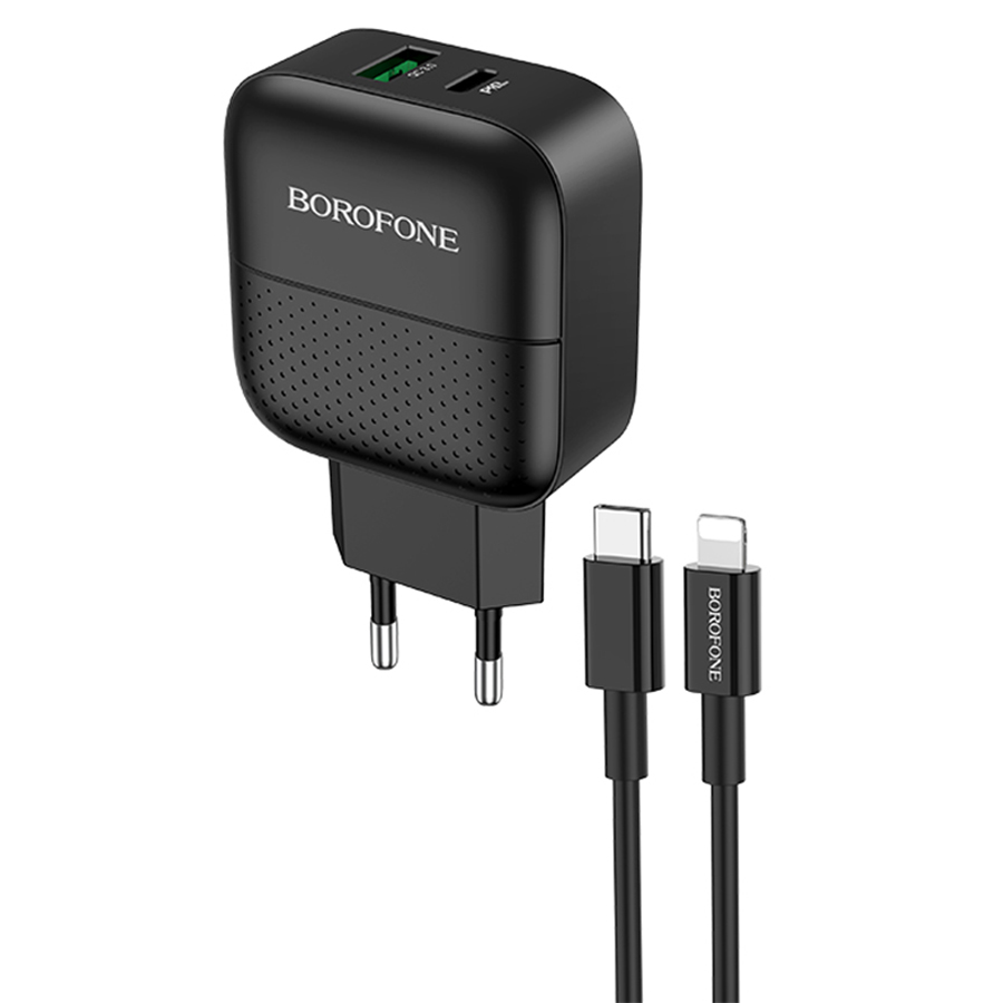 Сетевое зарядное устройство BOROFONE BA46A Premium 1xUSB + 1xUSB-C с Кабелем Type-C - Lightning, 3A, 18W, черный фото
