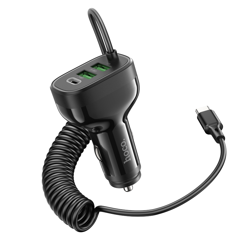 Автомобильное зарядное устройство HOCO NZ11A Guide, 1xUSB + 2xUSB-C с Кабелем Type-C, 3A, 30W, черный фото