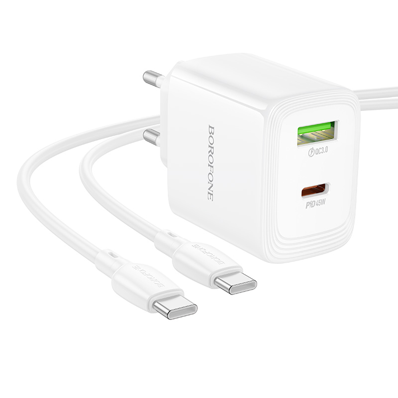 Сетевое зарядное устройство BOROFONE BN30 Cargador 1xUSB + 1xUSB-C с Кабелем Type-C - Type-C, 45W, белый фото