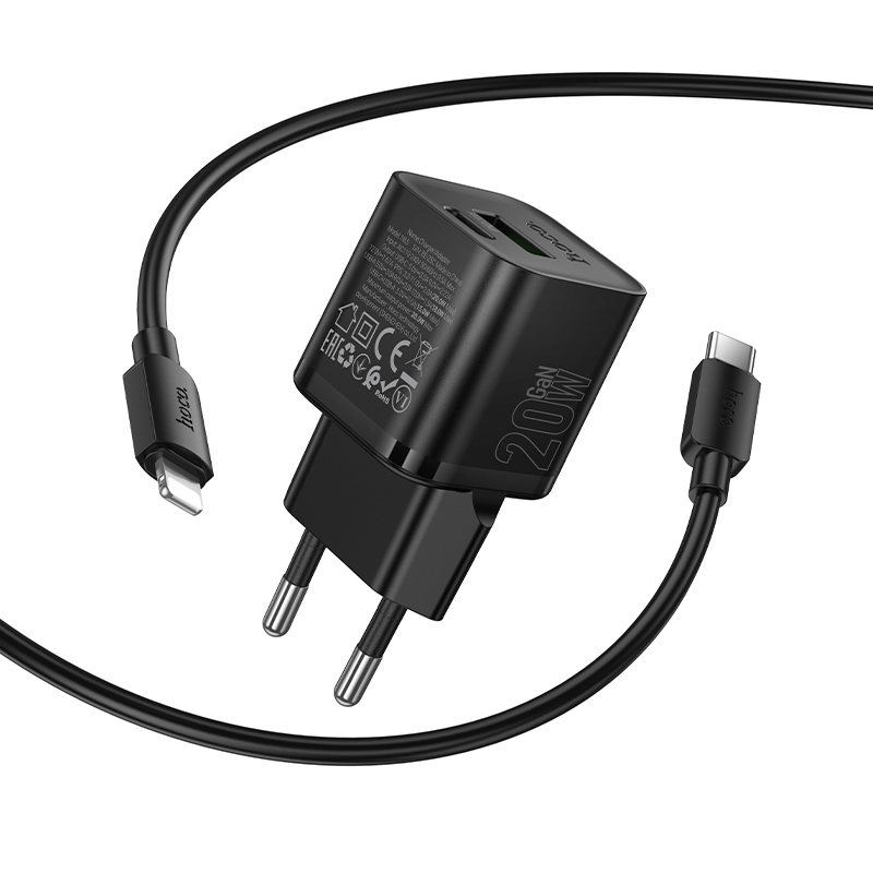 Сетевое зарядное устройство HOCO N65 Ingenious 1xUSB + 1xUSB-C с Кабелем Type-C - Lightning, 3A, 20W, черный фото