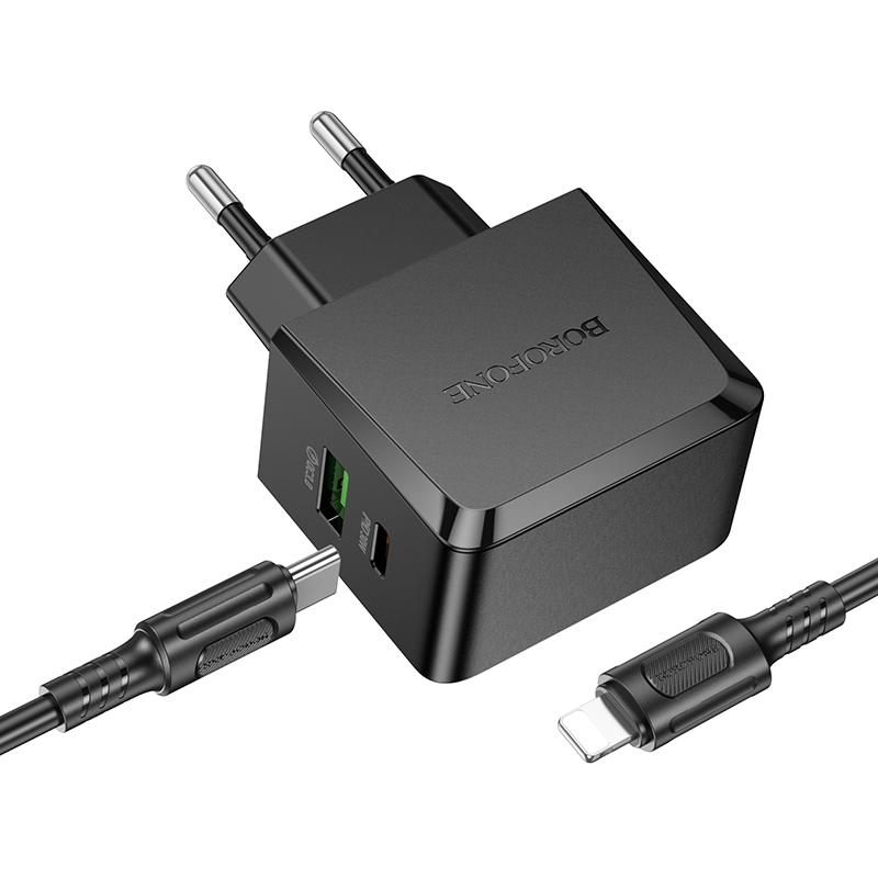 Сетевое зарядное устройство BOROFONE BAS61A Smart 1xUSB + 1xUSB-C с Кабелем Type-C - Lightning, 3A, 30W, черный фото
