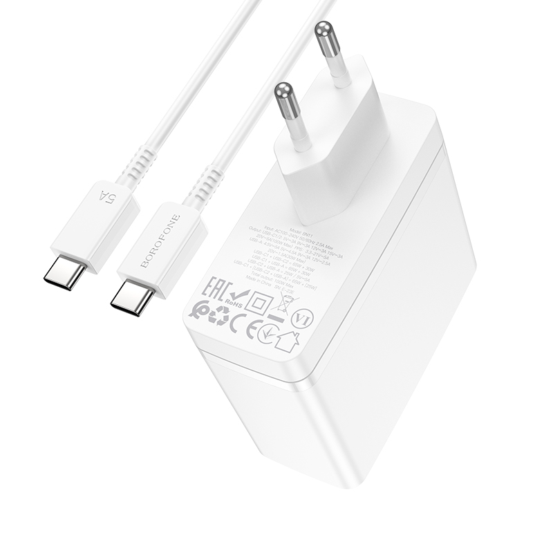 Сетевое зарядное устройство BOROFONE BN11 Imperial 1xUSB + 2xUSB-C с Кабелем Type-C - Type-C, 100W, белый фото