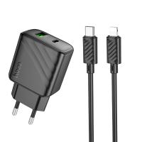 Сетевое зарядное устройство HOCO CS23A Sunlight 1xUSB + 1xUSB-C с Кабелем Type-C - Lightning, 3A, 30W, черный фото