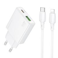 Сетевое зарядное устройство BOROFONE BN24 Wish 1xUSB + 1xUSB-C с Кабелем Type-C - Lightning, 3A, 20W, белый фото