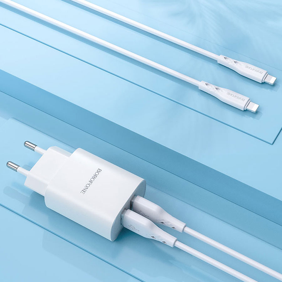 Сетевое зарядное устройство BOROFONE BN2 super fast 2xUSB с Кабелем USB - Lightning, 2.1A, белый фото