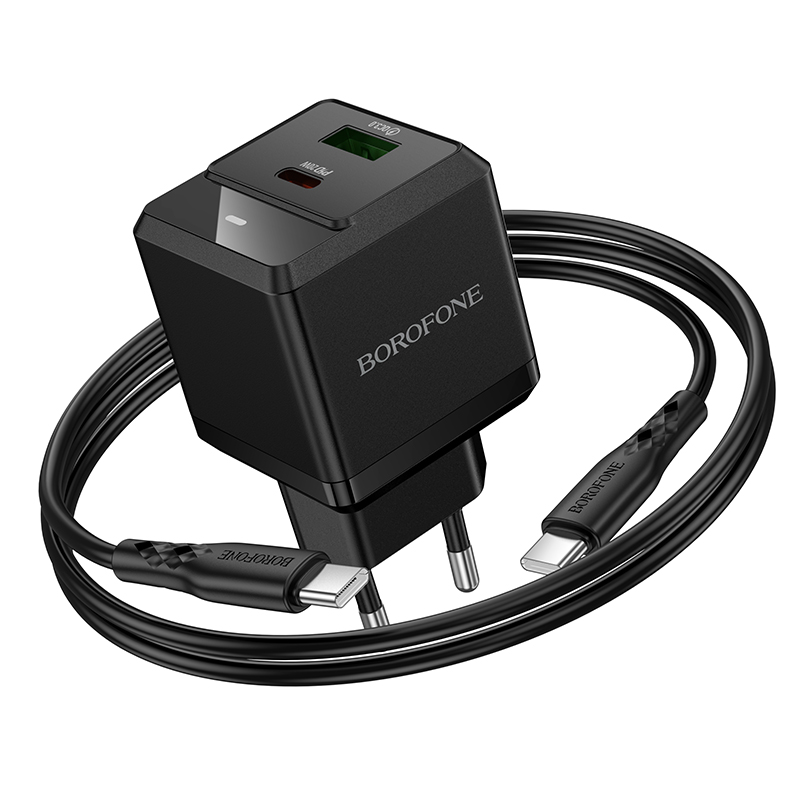 Сетевое зарядное устройство BOROFONE BN19 Intenso 1xUSB + 1xUSB-C с Кабелем Type-C - Type-C, 3A, 20W, черный фото