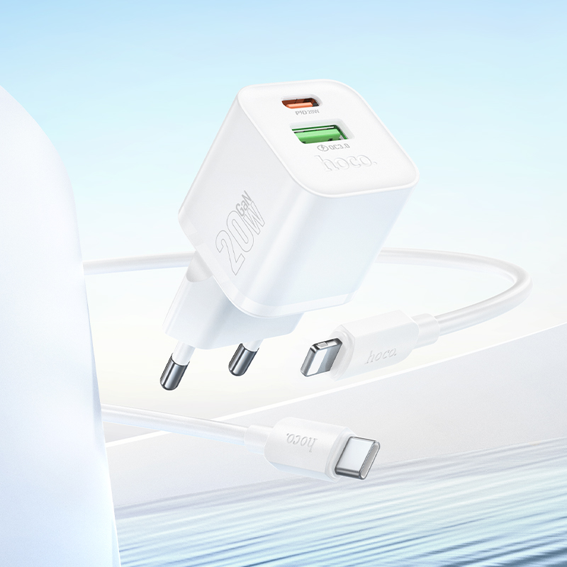 Сетевое зарядное устройство HOCO N65 Ingenious 1xUSB + 1xUSB-C с Кабелем Type-C - Lightning, 3A, 20W, белый фото