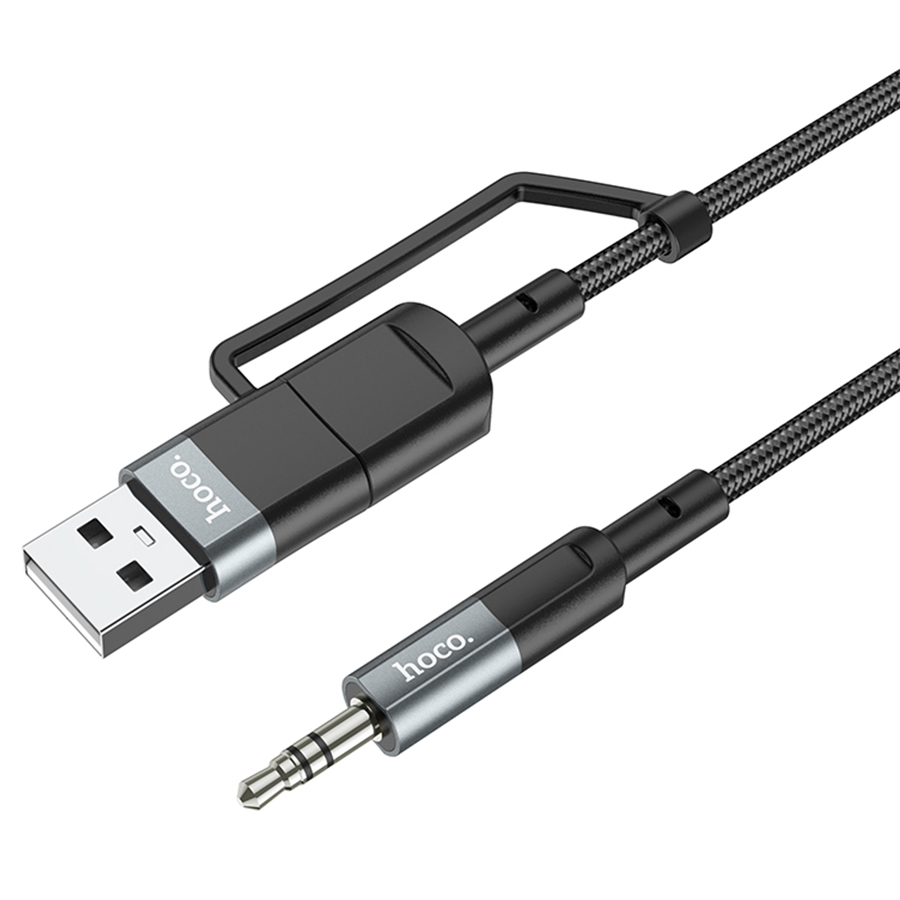Аудиокабель HOCO UPA23 AUX Jack 3,5 (m) - USB (m) / Type-C (m), 1 м, серый металлик фото