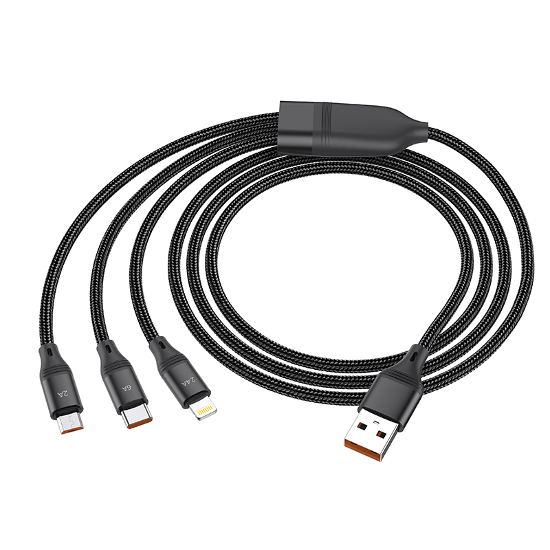 Кабель USB HOCO U104 3 в 1 USB - Type-C + Lightning + MicroUSB, 2А, 1 м, черный фото