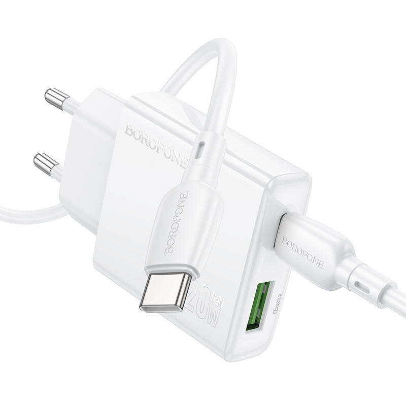 Сетевое зарядное устройство BOROFONE BN24 Wish 1xUSB + 1xUSB-C с Кабелем Type-C - Type-C, 3A, 20W, белый фото