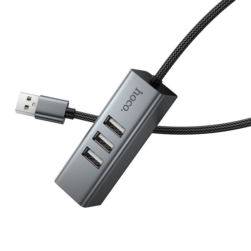 USB HUB разветвитель HOCO HB1D 4 в 1 USB (m) - 3xUSB2.0 (f) + RJ45 (f), 1 м, серый металлик фото
