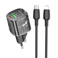 Сетевое зарядное устройство BOROFONE BN17 Sunlight 1xUSB + 1xUSB-C с Кабелем Type-C - Lightning, 3A, 20W, прозрачный черный фото